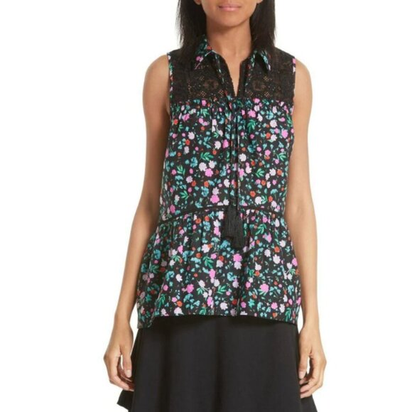 Kate Spade Floral Silk Cotton Blouse Womens Large Sleeveless Green Lace Peplum - Picture 8 of 9